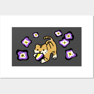 Non Binary Flag of Cute Flowers with Adorable Tiger Cub (LGBTQ+ Pride Month) Posters and Art